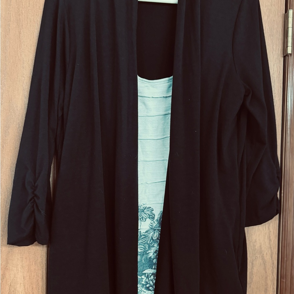 AB Studio Black 3/4 sleeve Open-Front Cardigan layered with sewn in shirt top
